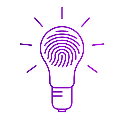 Icon showing a lightbulb with fingerprint lines, symbolizing a unique strategic branding.