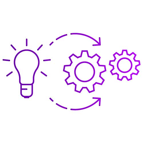 Icon showing a lightbulb and gears with an arrow circling, representing the process of strategic design implementation.