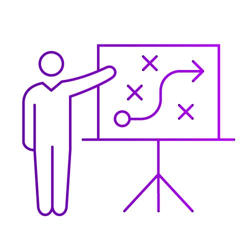 Icon illustrating a person pointing to a strategy board with arrows and X marks, indicating strategic design planning.